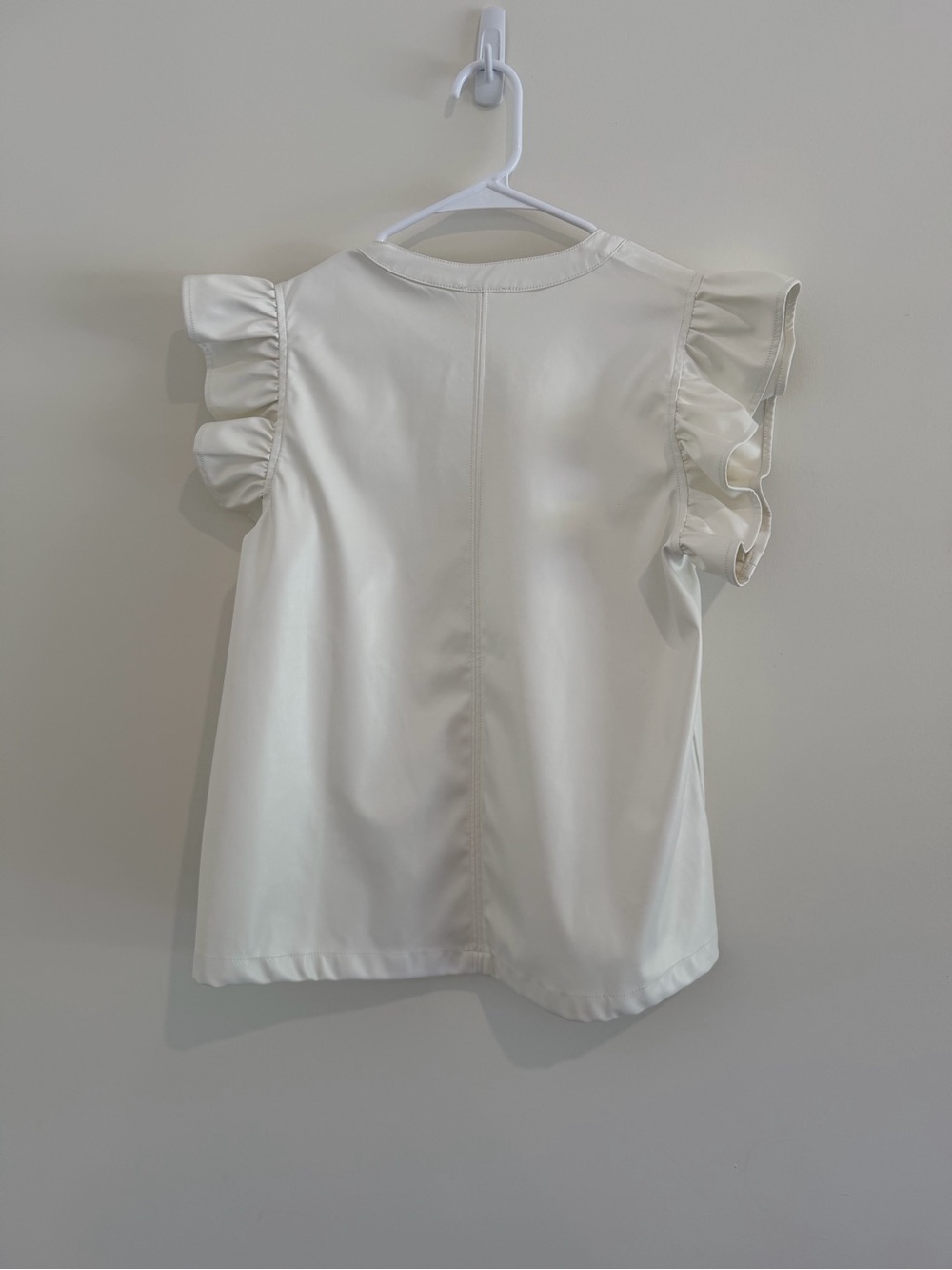 JODIFL Cream Ruffle Sleeve pleather V-Neck Blouse - Picture 2 of 3